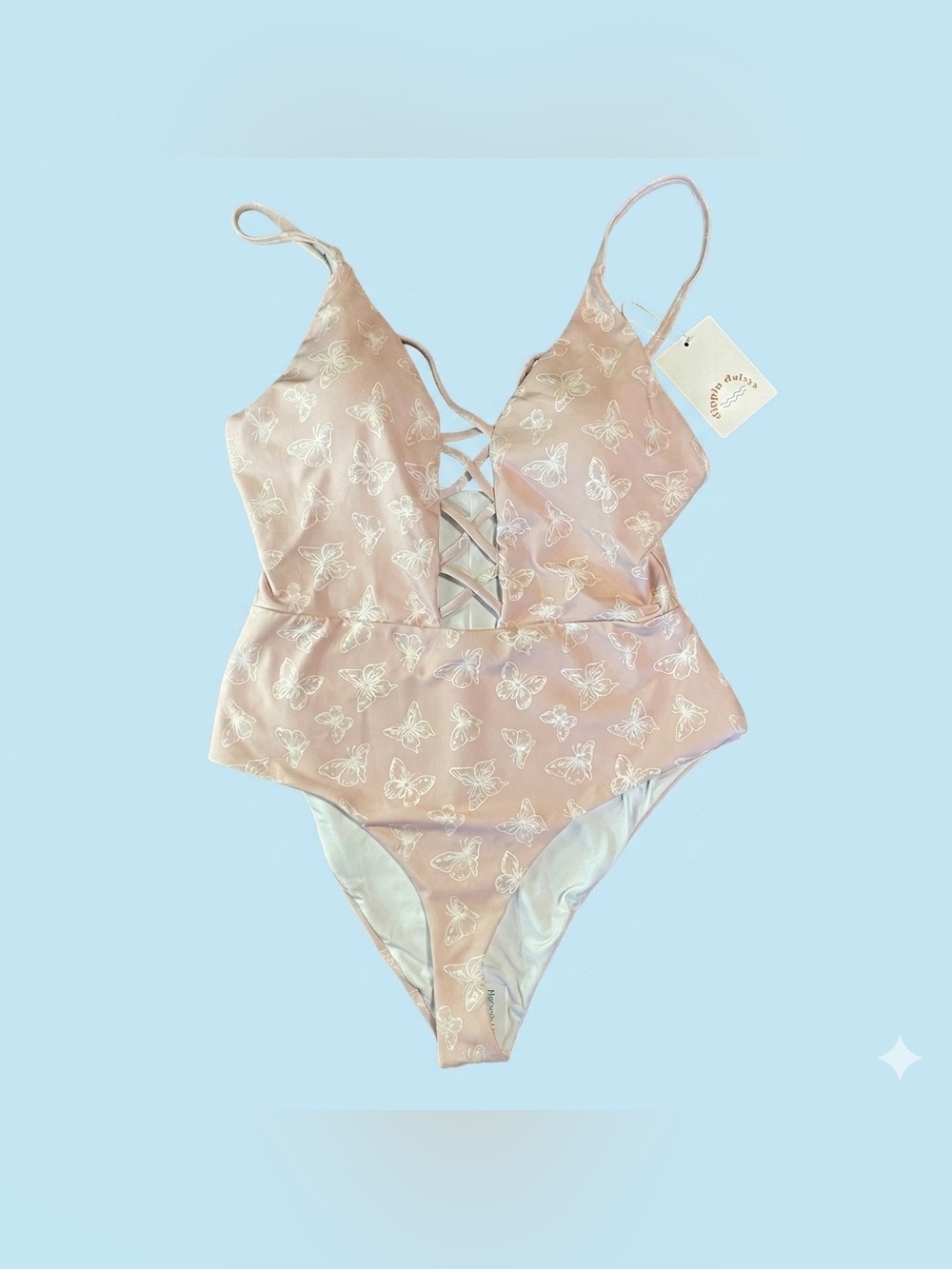NWT Dippin' Daisy's Bliss One Piece Swimsuit XL Pink Butterfly Lace Up Plunge